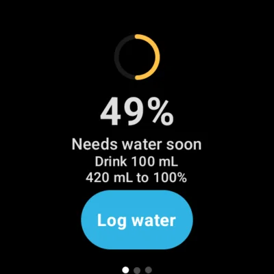 HydroPulse home screen showing a 49 % hydration balance and a Log water button